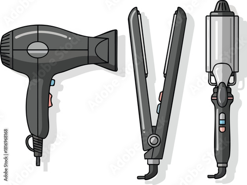 Hair Styling Tools Dryer, Straightener, and Curling Iron - Vector Illustration