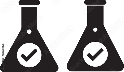 Two flasks with checkmarks symbolizing successful experiments