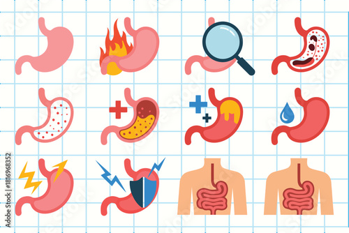 Digestive system health and stomach conditions icons set