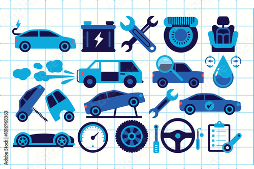 Collection of blue car repair and maintenance icons on a grid background