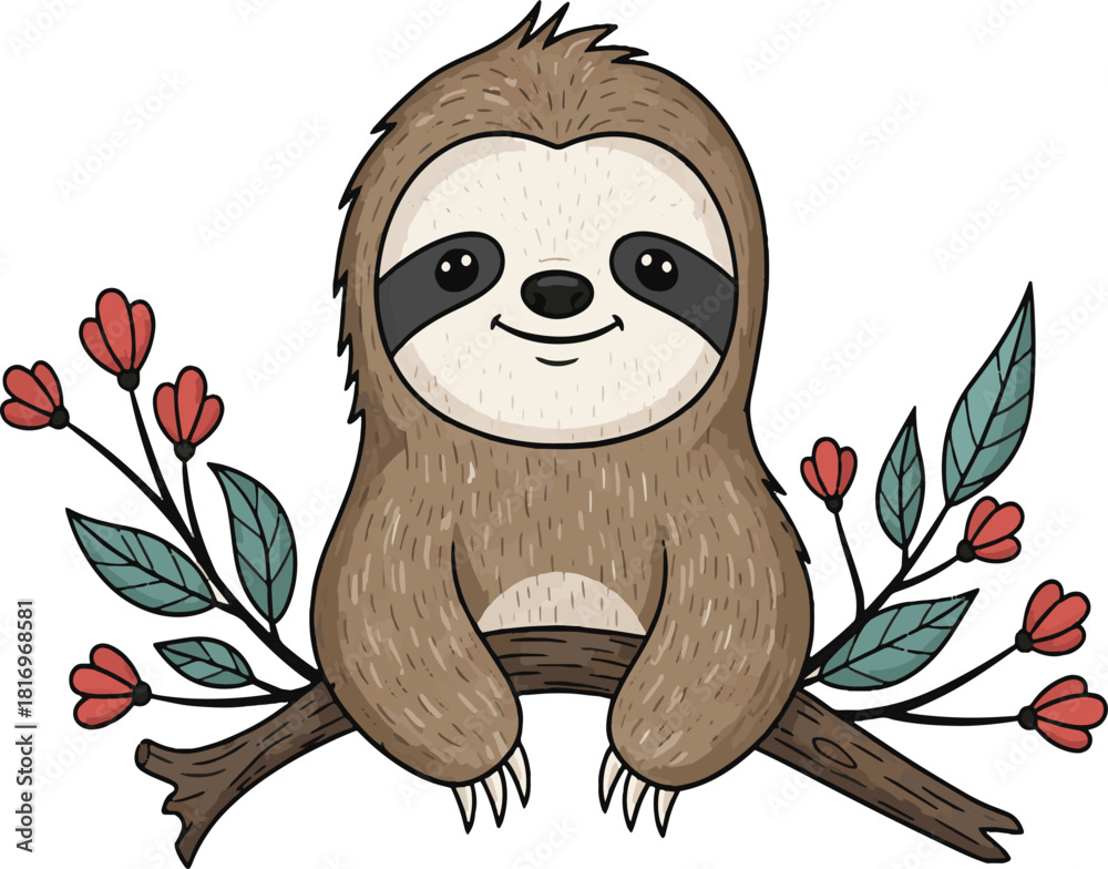 Fototapeta premium Happy Sloth Character Sitting with Floral Wreath.eps Cute cartoon owl illustration with big eyes and flowers on a tree branch, a funny nature vector character