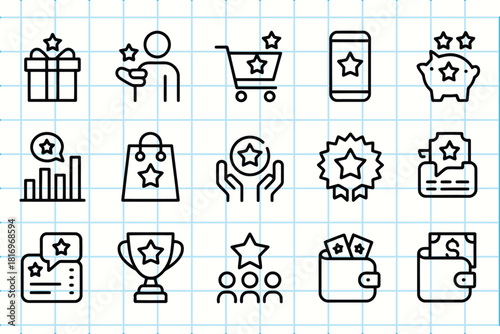 Collection of doodle style icons representing rewards loyalty and customer appreciation
