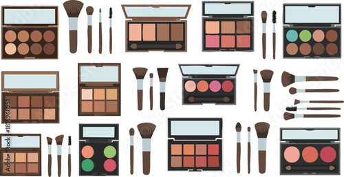 Arrangement of Various Palettes and Makeup Brushes on a White Surface