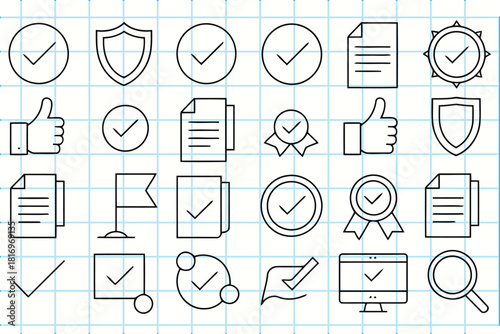 Collection of Check Mark, Approved, and Verified Vector Icons in Outline Style for Various Concepts and Applications