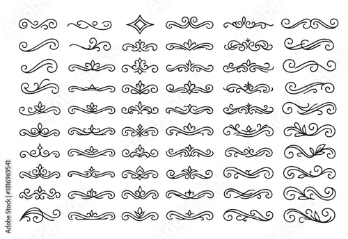 Vintage Ornamental Flourish Divider Set. Decorative Line Art Vector Collection of Text Separators, Border Elements, and Elegant Swirls.