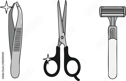 Grooming Essentials Tweezers, Scissors, and Razor Illustration