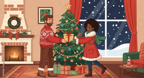 Sharing holiday cheer with a heartfelt gift exchange by the Christmas tree, creating a warm and joyful winter scene perfect for festive occasions