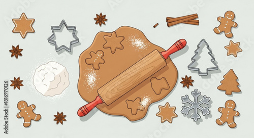 Delightful gingerbread cookie prep scene featuring dough, rolling pin, cookie cutters and spices creating a festive holiday baking mood, ready for Christmas