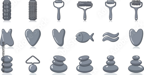 Collection of Massage Tools and Stones Icons in Grey Scale