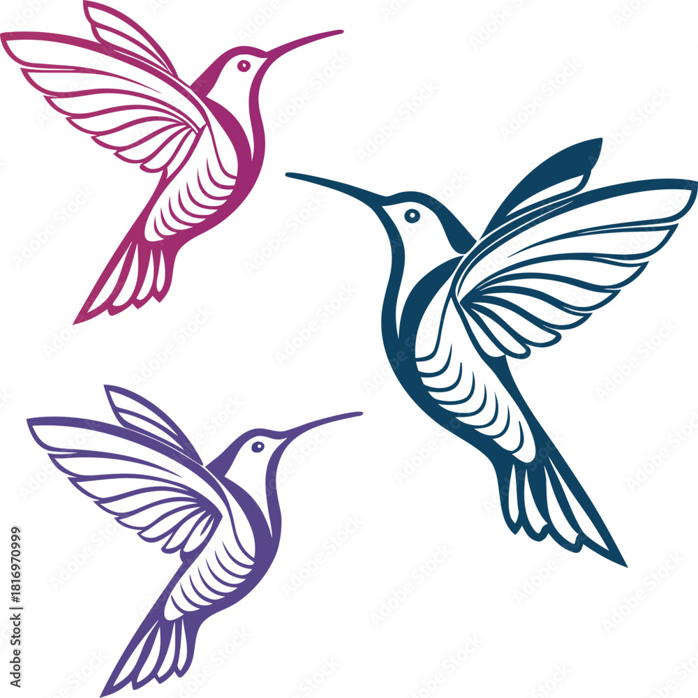 Obraz premium Elegant hummingbird trio in flight a delicate and colorful illustration of nature s grace perfect for art design and creative projects with a touch of whimsy