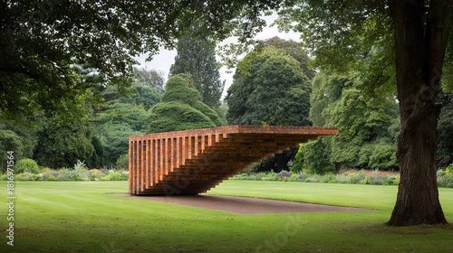   A wooden structure stands tall in a lush green field surrounded by trees and bushes in the background, with a majestic tree framing the scene in the foreground