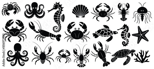 Underwater animals silhouettes set, Silhouette marine life including crabs lobsters seahorses turtles and octopuses, Sea animals silhouette collection, Vector illustration