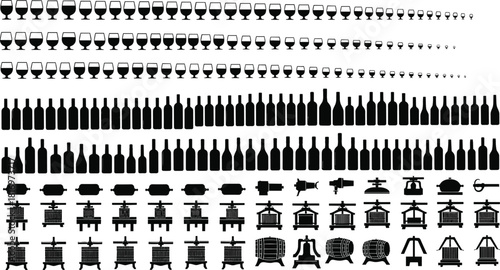 Collection of black silhouettes of wine glasses, bottles, decanters, barware, kitchen utensils, seamless pattern for design resources and creative projects