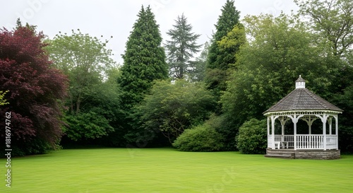 Fototapeta Naklejka Na Ścianę i Meble -  Idyllic Garden Scene with White Gazebo and Vibrant Green Lawn park arbor