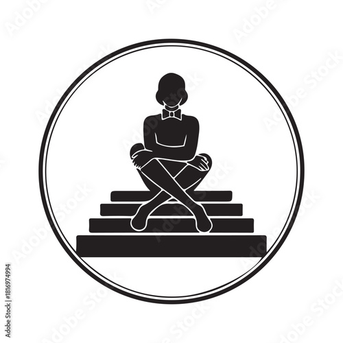 Person meditating cross-legged on steps inside a circle, icon design