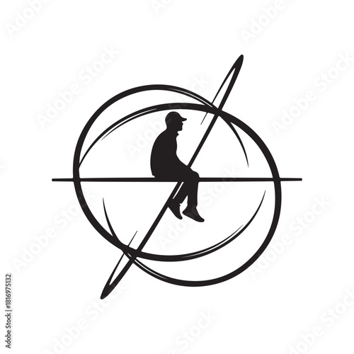 Man silhouette sitting on line in abstract circular target symbol