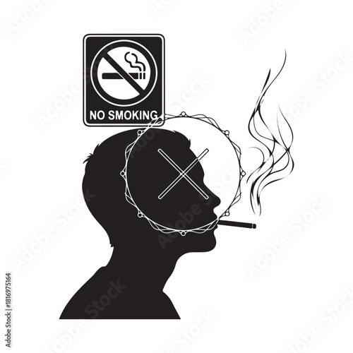 Graphic illustration of smoking ban, health hazards, addiction