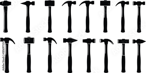 Collection of diverse hammer tool silhouettes for construction, carpentry, repair, hardware design, industrial illustration and DIY equipment projects, isolated vector