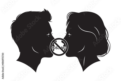 No kissing allowed between man and woman, social distancing concept.