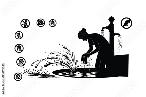 Person washing clothes in public fountain with prohibition signs