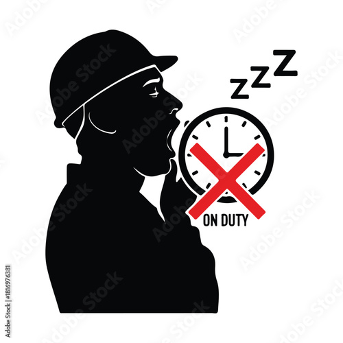 Worker yawning, "no sleeping on duty" warning sign, safety.