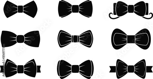 Elegant black bow tie silhouette collection, formal accessory icons set, classic neckwear shapes for fashion design, vintage style illustration pack