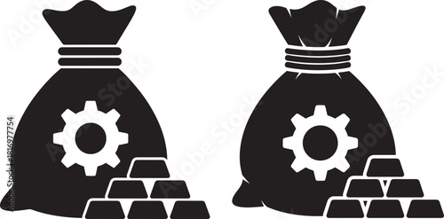 Two money bags with gold bars and gears silhouette