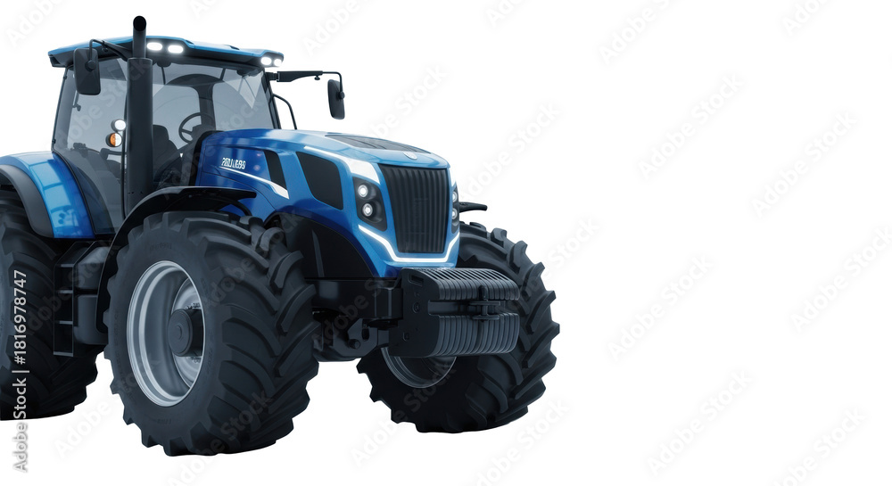 Obraz premium Pristine dark blue futuristic agricultural tractor, sleek design, large treaded tires, LED headlights, isolated on white studio background with copy space. Concept of smart farming technology