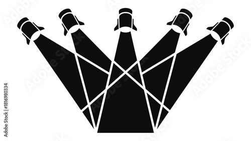 Five spotlight beams converging in a fan shape