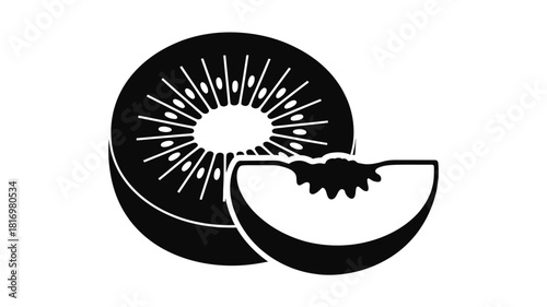 Stylized black and white icon of a kiwi fruit and slice