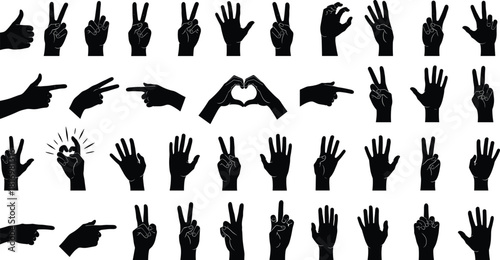 Silhouette collection of diverse hand gestures showing signs, symbols, communication poses, pointing fingers, peace signs, love shapes on white background