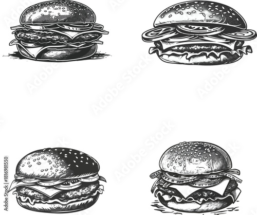 Vintage hand drawn burger illustrations set, black and white sketch of classic fast food cheeseburgers with sesame buns, lettuce, tomato and meat patty isolated on white background.
