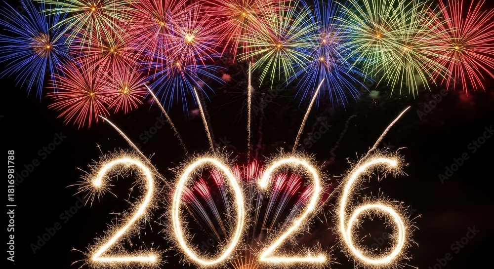 Fototapeta premium Sparkling 2026 New Year Celebration Fireworks - Festive fireworks display with the year 2026 spelled out in sparkling lights, symbolizing hope, celebration, and a bright future