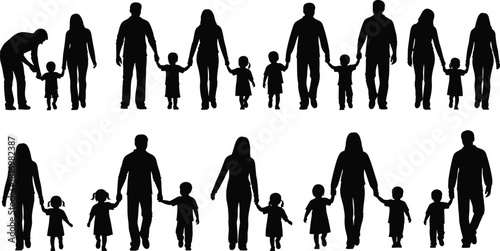 Silhouette family walking together holding hands, parents and children unity illustration, happy parenting concept, family lifestyle graphic design element