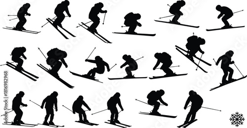 Silhouette sequence of skiing athlete performing dynamic downhill actions, winter sports motions, freestyle ski poses, extreme outdoor activity illustration for graphic design