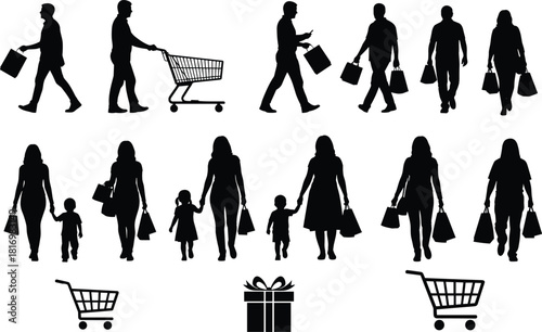 Silhouette shoppers walking with bags, families shopping together, people pushing carts, retail consumer activity, black isolated figures, commercial shopping concept illustration