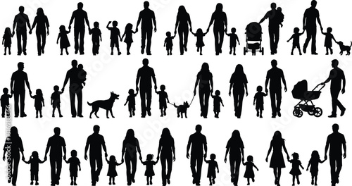 Silhouettes of diverse families walking together: parents holding hands with their children, including babies in strollers, toddlers, and a beloved pet dog