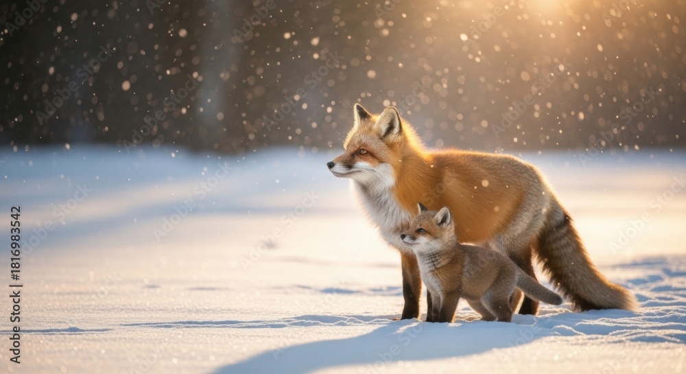 Obraz premium A protective vixen and her small kit watch attentively in a serene, snow-covered field as snowflakes fall around them, backlit by beautiful golden hour sunlight