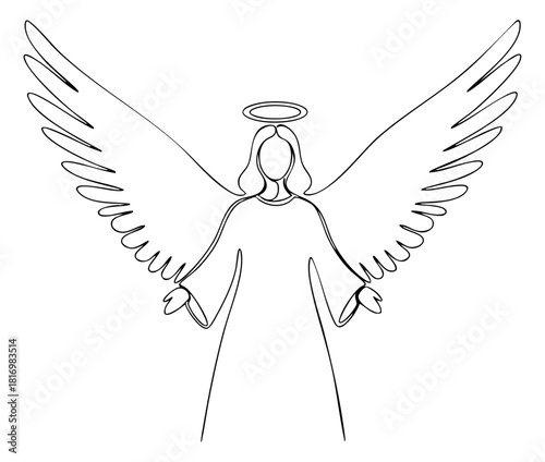 Elegant angel with wings and halo, divine guardian of faith, perfect for spiritual designs, modern religious art, and minimalist illustrations evoking hope