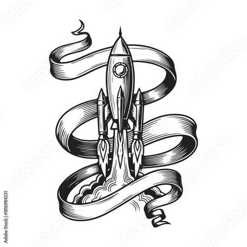 Rocket Ascent Illustration, Rocket Launch Vector engraving Art on white background 