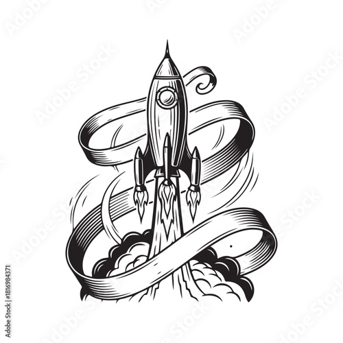 Rocket Ascent Illustration, Rocket Launch Vector engraving Art on white background 