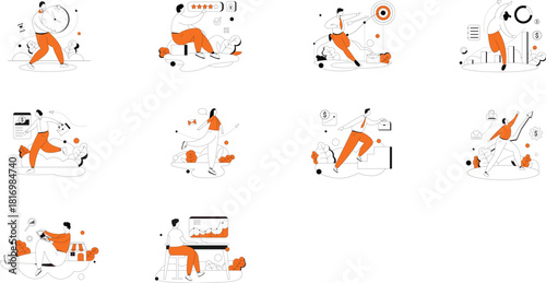 Business People Engaged in Various Work Activities Flat Illustrations