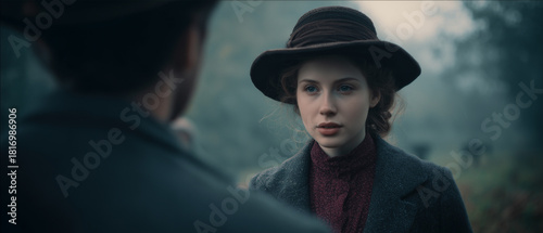 Victorian murder mystery. A tough beautiful woman detective in the fog searching for clues in London. Panoramic movie still.