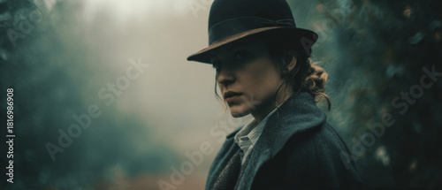 Victorian murder mystery. A tough beautiful woman detective in the fog searching for clues in London. Panoramic movie still.