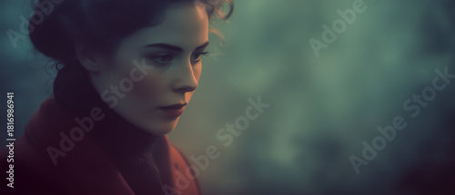 Victorian murder mystery. A tough beautiful woman detective in the fog searching for clues in London. Panoramic movie still.