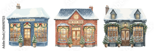 Cozy winter bookstores with Christmas decorations