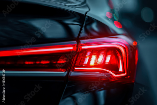 Close-up of a modern car's illuminated taillight in a night setting