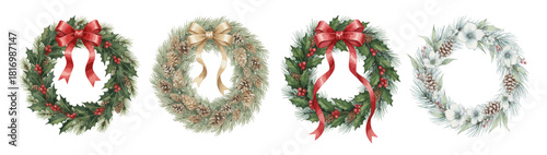 Christmas wreaths with pine cones and red bows