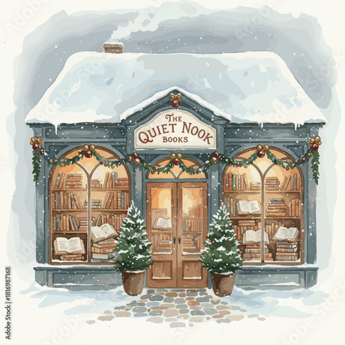 Cozy winter bookstore with Christmas decorations