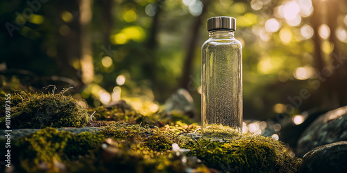 Product studio shot of a reusable glass water bottle sitting on moss and small stones